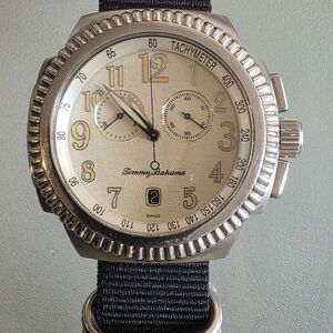 Tommy Bahama Multi Tone Date Dual Moons Dial Swiss Quartz & Black Nylon Band.